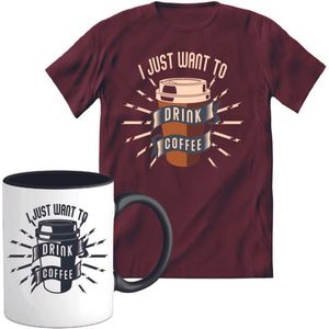 T-Shirtknaller T-Shirt met Koffiemok | I Just Want To Drink Coffee - Koffie Kleding | Heren / Dames Shirt met Mok Cadeau | Kleur rood | Maat XL