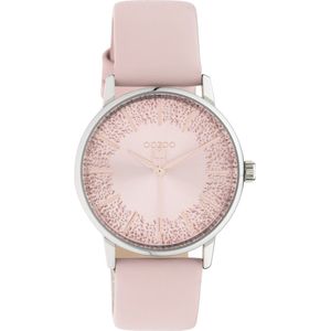 OOZOO Timepieces - zilverkleurige horloge met roze leren band - C10932 - Ø35