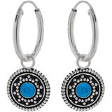 Zilveren oorbellen | Oorringen met hanger | Zilveren oorringen met hanger, cirkel met zonnetje en blauwe steen