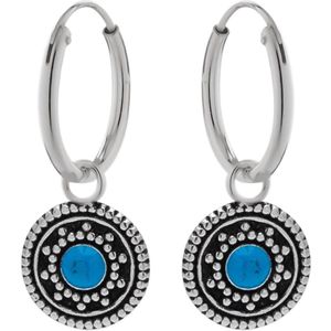 Zilveren oorbellen | Oorringen met hanger | Zilveren oorringen met hanger, cirkel met zonnetje en blauwe steen