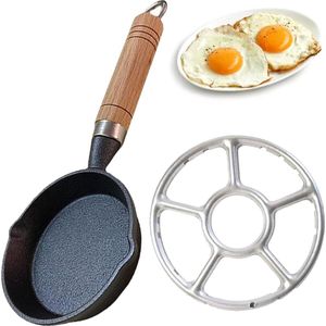 Kleine koekenpan met houten handvat, draagbare braadpan, mini gietijzeren pan, gietijzeren braadpan, geen coating, met gasfornuis, voor het braden van eieren, spek, hamschijven