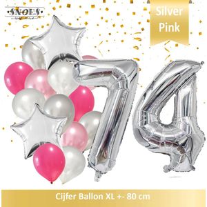 Cijfer Ballon 74 Jaar Zilver Roze White Pearl Boeket * Hoera 74 Jaar Verjaardag Decoratie Set van 15 Ballonnen * 80 cm Verjaardag Nummer Ballon * Snoes * Verjaardag Versiering * Verjaardag Decoratie * Silver Pink Pearl White* Nummer Ballon 74