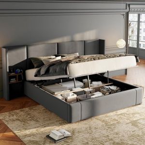 Sweiko Gestoffeerd bed 180 x 200 cm, met USB-poort en stopcontact, twee nachtkastjes met opbergruimte, houten lattenbodem, fluweel, grijs