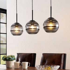 Lucande - hanglamp - 3 lichts - glas, metaal - E27 - rookgrijs, zwart mat