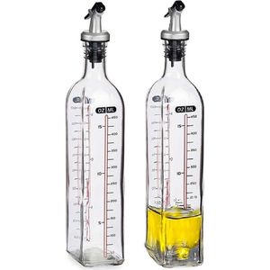 Vivalto Azijn/Olie fles met inhoud meter in ml - 2x - glas - met schenktuit - olijfolieflessen - 500 ml - afsluitbaar