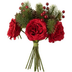 J-Line Kerstboeket rozen & bessen - kunststof - rood & groen - kerstversiering