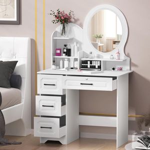 Kaptafel met Spiegel en Verlichting - Make-up meubels met 4 Laden en 3 Open Opbergplanken - Instelbare Helderheid