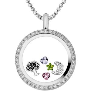 Quiges Memory Medaillon RVS 30mm met Ketting 90cm en 5 Floating Charms - CLS008