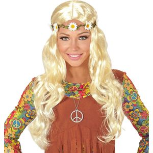 Widmann - Hippie Kostuum - Curly Carla Pruik, Hippie / Middeleeuwen Blond Met Bloemen Hoofdband - Blond - Carnavalskleding - Verkleedkleding