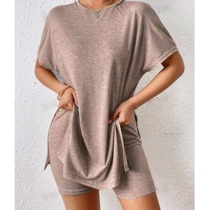 Sexy elegante 2 delige beige set t shirt met korte broek met stretch maat M