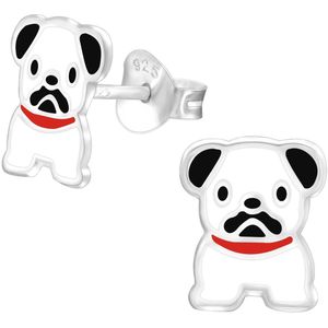 Joy|S - Zilveren hond oorbellen - wit zwart met rode halsband - 7 x 9 mm - voor kinderen