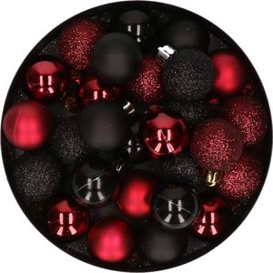 28x stuks kunststof kerstballen donkerrood en zwart mix 3 cm - Kerstboomversiering