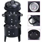 <p>Met onze 3-in-1 houtskool rookoven barbecue-grill kun je grillen, koken en roken. De barbecue-grill is ideaal voor buitenevenementen, zoals feesten, kampvuren, familiebarbecues en kamperen.</p>
<p>Met het deksel verwijderd, kun je vlees, vis en groenten op het rooster grillen. Met het deksel erop kun je vis roken of gevogelte, steaks enzovoort bakken. De bijgeleverde drinkbak helpt de temperatuur constant te houden voor perfect roken en kan ook gebruikt worden om groenten te stomen.</p>
<p>Een thermostaat op het deksel toont je de temperatuur, die eenvoudig te regelen is via de zijdeuren en het deksel. Het houtskoolrooster verhoogt de houtskool zodat de lucht efficiënter kan circuleren. De poten in driehoekige structuur dragen bij aan de stabiliteit.</p>
<p>Na gebruik kan de barbecue-grill worden gedemonteerd voor eenvoudig transport en opslag. Let op: zorg ervoor dat de houtskoolbarbecue op een vlakke, stabiele ondergrond staat. Gebruik de barbecue niet in afgesloten ruimtes of woonruimtes, zoals huizen, tenten, caravans, campers en boten. Er is dan een gevaar voor koolstofmonoxide vergiftiging.</p>
<ul>
  <li>Kleur: zwart</li>
  <li>Materiaal: staal</li>
  <li>Afmetingen: 40 x 80 cm (ø x H)</li>
  <li>2 x kookrooster: ø 37 cm</li>
  <li>Kookhoogte: 58 cm</li>
  <li>Met thermometer</li>
  <li>Met ventilatieschuif</li>
  <li>3-in-1: roken / grillen / koken</li>
  <li>Houtskool rooster</li>
  <li>Aslade</li>
  <li>Waterbak</li>
  <li>Montage vereist</li>
</ul>