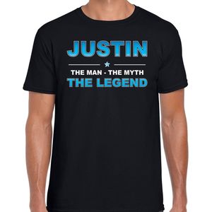 Naam cadeau Justin - The man, The myth the legend t-shirt zwart voor heren - Cadeau shirt voor o.a verjaardag/ vaderdag/ pensioen/ geslaagd/ bedankt S