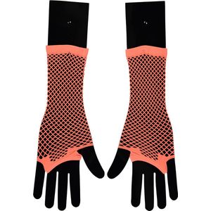 Apollo - Visnet handschoenen - Lange handschoenen - Fluor Oranje - One Size - Kanten handschoenen - Neon verkleedkleding - Feestkleding - Carnaval