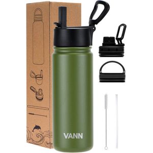 VANN® 3-Wandige Waterfles 500 ML met rietje voor volwassenen – Met 5 accessoires + 25 recepten – RVS bidon – 24 uur koud/12 uur warm – Groen