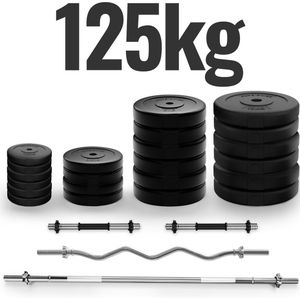 Physionics - Complete Dumbbell + Barbell set - Totaal gewicht 125 kg, Rechte Halterstang 165 cm, SZ Curlstang, 2 Dumbbells, Gewichtsschijven