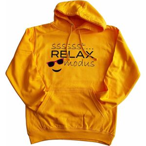 Gele hoodie met ""Sssssst... RELAX modus"" - XS - trui, hoedie, relaxen, vrij zijn, vakantie, weekend, huispak, vrije tijd, gold, geel, oker, donker geel, zonnebril