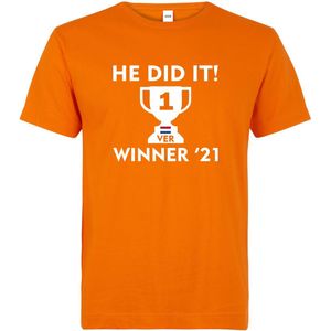 T-shirt oranje He did it! Winner '21 | race supporter fan shirt | Formule 1 fan kleding | Max Verstappen / Red Bull racing supporter | wereldkampioen / kampioen 2021 | racing souvenir | maat L