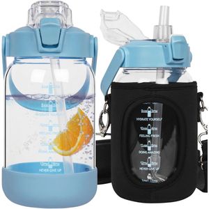 Glazen drinkfles met rietje en tijdmarkering - Lekvrije grote waterfles van borosilicaatglas voor smoothies en koolzuurhoudende dranken - Vaatwasmachinebestendig en ideaal voor buitenactiviteiten