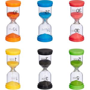 Zandloper set 6-delig - 6 looptijden - HxØ 11x45 cm - bordspelletjes timer - kunststof & glas - diverse kleuren