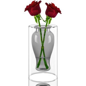 Glazen vaas voor tafeldecoratie, moderne geometrische glazen vazen, grijze bloemenvazen, helder glas, vazen voor woonkamer