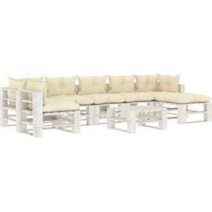 The Living Store Houten Pallet Loungeset - Hoekbank 70x67.5x60.8cm - Middenbank 60x67.5x60.8cm - Pallet Tafel/Hocker 60x61.5x30.4cm - Crème en Wit - Grenenhout