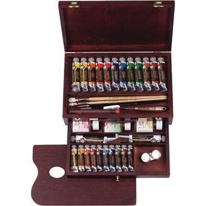 Oil Colour kist ""Master"" 10 x 15 ml + 12 x 40 ml + 2 x 60 ml olieverf met penselen, palet, paletdoppen en hulpmiddelen