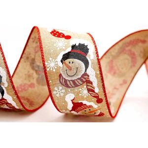 Kerst Lint met IJzerdraad | Jute Burlap Linnen Look Lint | Luxe Weefband 63mm (6,3cm) | Sneeuwman Sneeuwpop Kerstlint | Natural Rood Wit | Stoffen Lint | Decoratielint | Cadeaulint | Lengte: 3 Meter