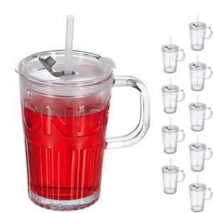 Relaxdays drinkglazen met handvat - set van 10 - rietje en deksel - sapglazen - 450 ml - doorzichtig