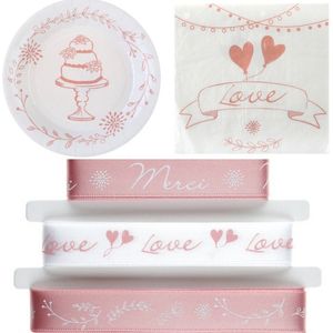 31-delige set Romantic Blush Pink met lint, bordjes en servetten - lint - bord - servet - blush - pink - trouwen - huwelijk