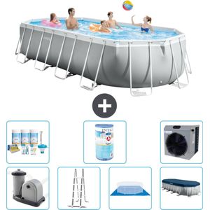 Intex Ovaal Prism Frame Zwembad - 610 x 305 x 122 cm - Grijs - Inclusief Pomp - Ladder - Grondzeil - Afdekzeil Onderhoudspakket - Filter - Warmtepomp