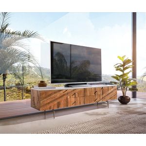 TV-meubel Bahan mango teak 175 cm 2 deuren 2 schuifladen marmeren blad wit