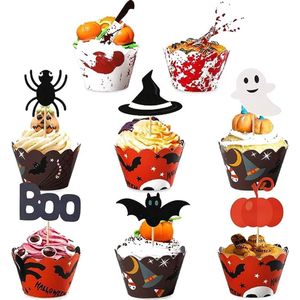 48 Stuks Cupcake Decoraties, Tandenstokers voor Taarten, Halloween Cupcake Wikkels, Halloween Cupcake Wrapper Decoraties, Geschikt voor Taarten, Cupcakes, Desserts, Halloween Themafeesten