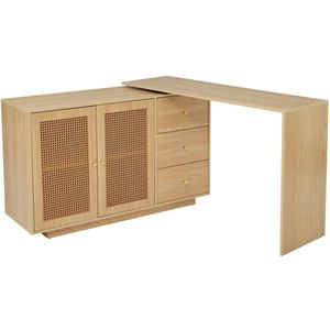 Sweiko Bureau - L-vormige hoektafel - Rotan deur - Opbergkast - Geen stoel - Natuurlijke