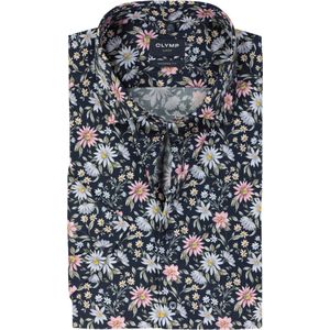 OLYMP modern fit overhemd - korte mouw - popeline - marine blauw dessin - Strijkvrij - Boordmaat: 40
