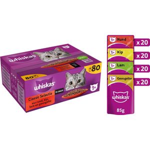 Whiskas 1+ - Classic - Kattenvoer Natvoer - Selectie in saus - maaltijdzakjes 80 x 85 g