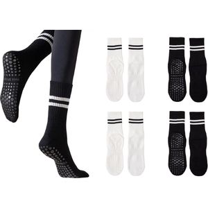 4 Paar - Dames Meisjes Antislip Sokken - Wit/ Zwart - Yoga Sport sokken - Maat 35-38