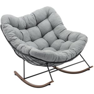 Vente-unique Tuinschommelfauteuil van staal - Zwart en grijs kussen - LIZARO van MYLIA