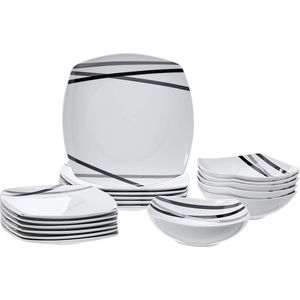 Basics 18-delige keukenserviesset - vierkante borden, kommen - servies voor 6 personen, moderne balken