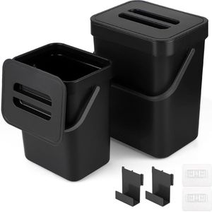 Compostbak keuken, (5 l + 3 l), ophangbare bio-afvalbak, hangende opslag, afvalbak met deksel voor keuken, badkamer, auto, kantoor, slaapkamer (zwart)