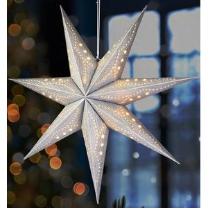 BRUBAKER 3D Hangende Kerstster - Raampapier Ster met E14 Voet - 60 cm Advent Ster met Decopatroon - Kerst Lichtster Set met 3,5 m Kabel - Ophangen - Zilver