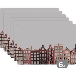 Placemat - Placemats kunststof - 45x30 cm - Amsterdam - Architectuur - Huizen - Straat - 6 stuks - Borden onderleggers antislip - Tafel decoratie - Luxe tafelversiering - Tafelmat vinyl - Bord onderlegger - Tafeldecoratie accessoires