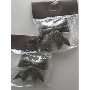 2 Zilveren glitter strikken aan lus kersthanger set van 2 ornamenten 12cm