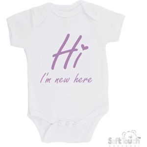 100% katoenen Romper ""Hi I'm new here"" Met Een Hartje Meisjes Katoen Wit/lila Maat 56/62