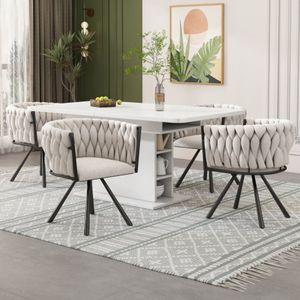 Linnen eetkamerstoel, set van 4, luxe draaistoel voor woonkamer, slaapkamer, relaxfauteuil met vier metalen poten, linnen beige en zwart