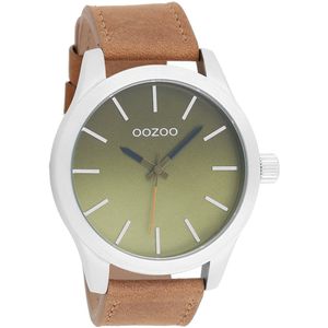 OOZOO Timepieces - Zilverkleurige horloge met bruine leren band - C8556