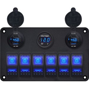 ProRide Schakelpaneel 12V voor Auto/Boot - USB/USB C Lader 4 Poorten met Wattagemeter - 45W - QC3.0 - 6 Schakelaars
