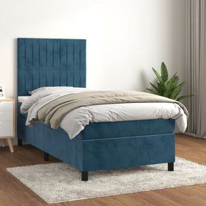 The Living Store Boxspringbed - Comfort - Bed - 203 x 83 x 118/128 cm - Donkerblauw - Fluweel - Multiplex - Bewerkt hout