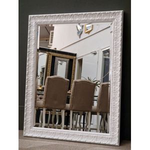 Witte Barok Spiegel Rechhoek - Sergio Hoogglans wit Buitenmaat 79x11 0 cm - Luxe spiegel voor hal of gang, woonkamer of slaapkamer - Ook geschikt voor badkamer - Badkamerspiegel - Italiaanse spiegel